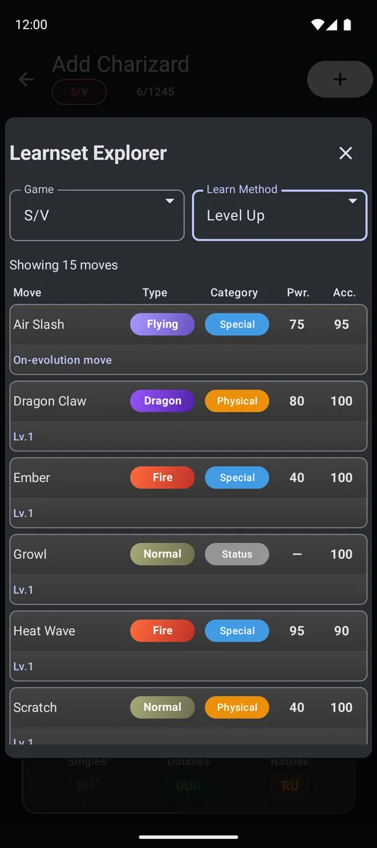 Learnset explorer listing moves with type, category, power and accuracy