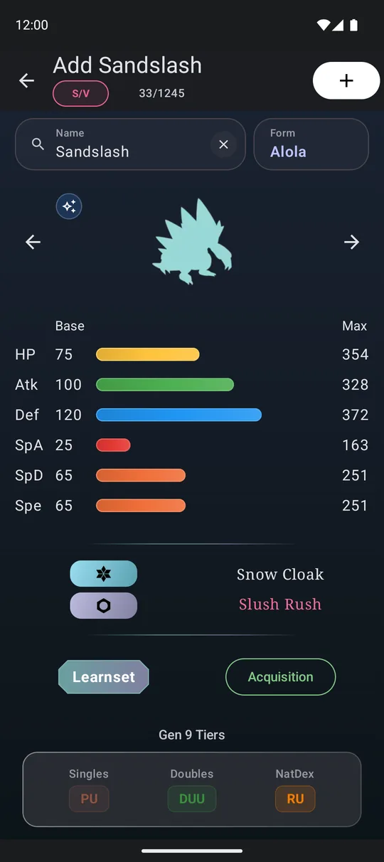 Pokédex entry with base stats, abilities and competitive tiers