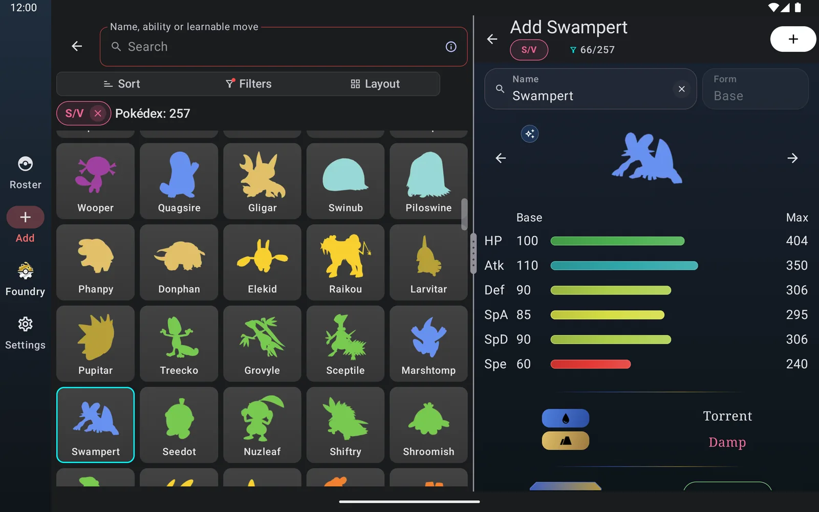 Tablet layout with the Pokédex grid on the left and a Pokémon's details on the right