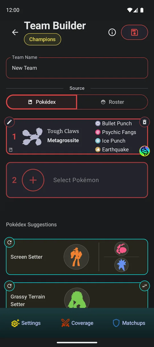 The Team Factory team builder: a Pokémon with its ability, item and four moves, and suggestions for roles the team still needs