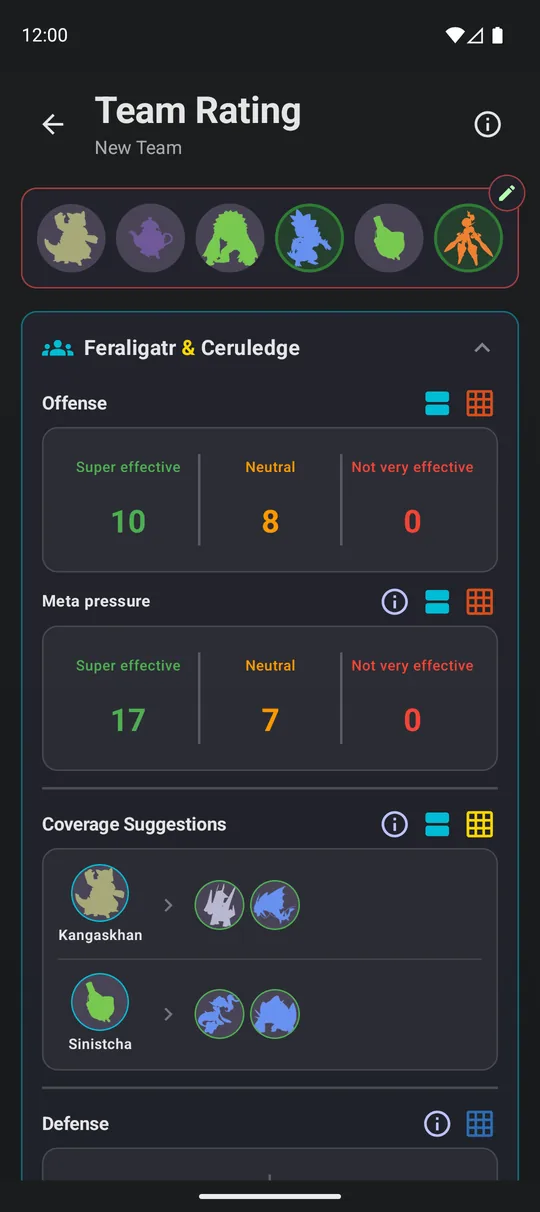 Team rating screen showing offense, meta pressure and coverage suggestions for a team of six